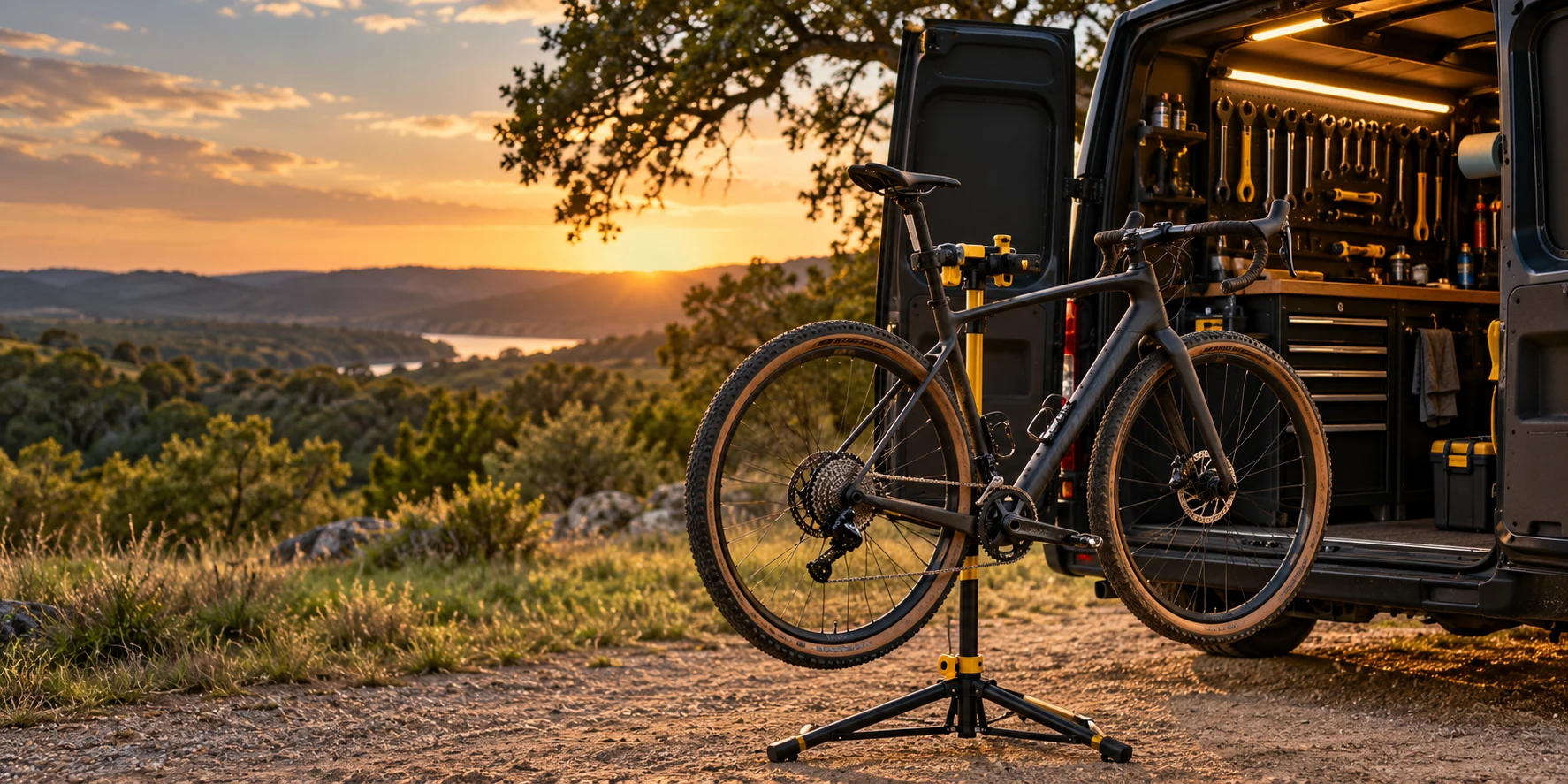 Illustrative mobile bicycle workshop with a bike on a repair stand